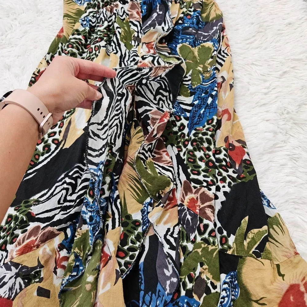 Grace Elements Safari‎ Jungle Ruffle Hippie Lagenlook Eclectic Maxi Dress Sz L
